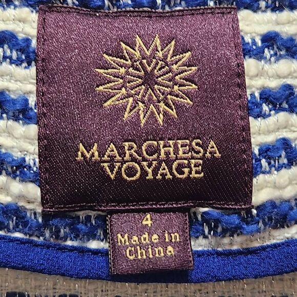 Marchesa Voyage open front cardigan jacket blue white stripe beaded pocket sz 4 - Picture 5 of 7